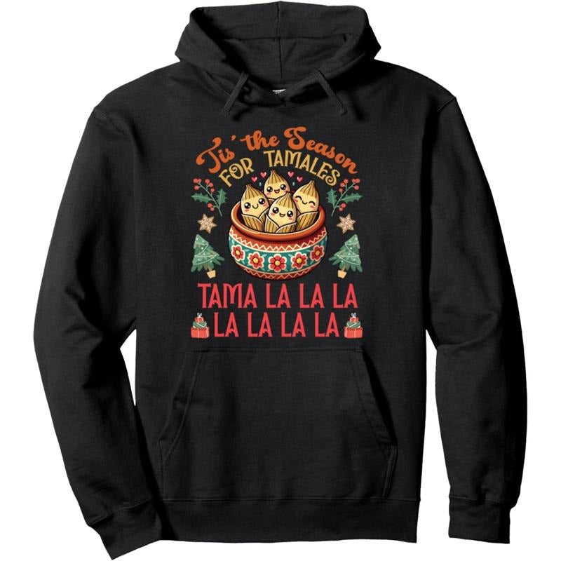 Men's Christmas with a cultural twist featuring tamales Graphic Hoodie/Graphic T-Shirt - Regular Fit | Soft & Breathable Fabric, Durable Print, Everyday Comfort, Machine Washable, festive and playful holiday celebration with a focus on traditional Mexican