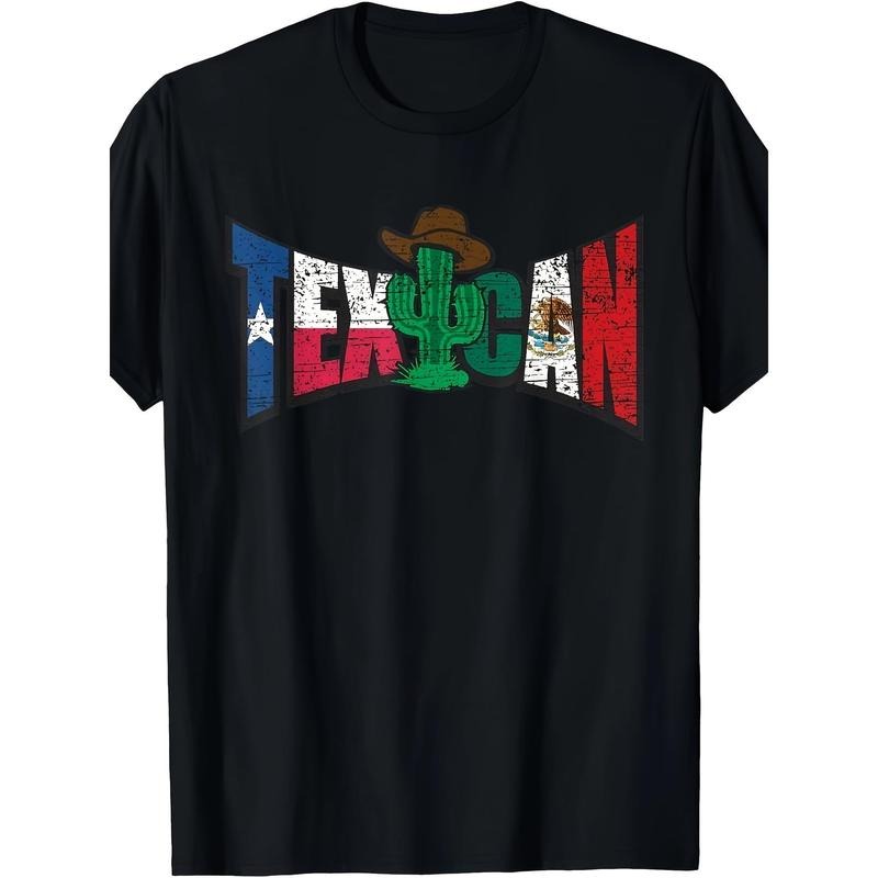 Texican Distressed Texas And Mexico Flag Letters Cactus Men's 100% Cotton Short Sleeve Print Crew Neck Graphic Print T-Shirt