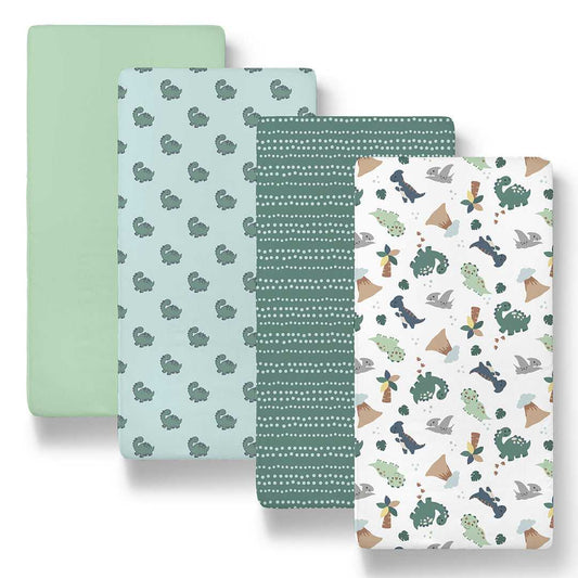 Green Dino Baby Bassinet Sheets 4-Pack for Girls