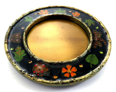 Round candle holder with hand painted flowers leaves and insect designs with rhinestone accents ch5