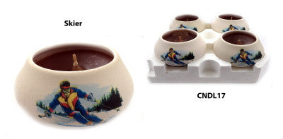 Ornamental ceramic candle with a painted design of a skier CNDL17